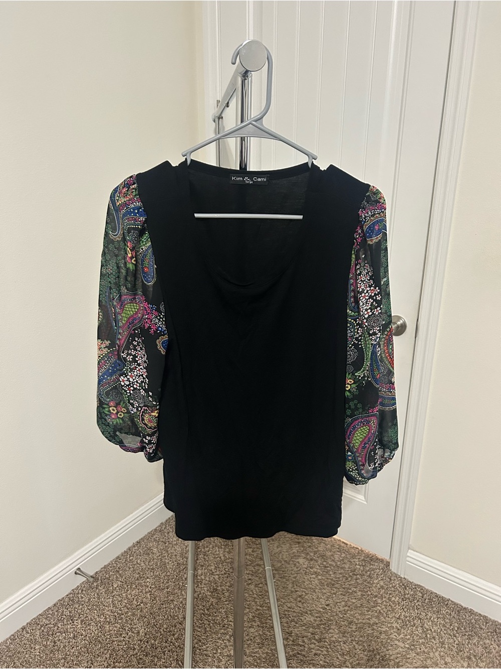 Kim & Cami Black Top with Multicolor Paisley Sheer Sleeves